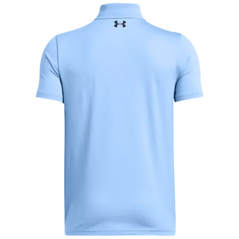 A light blue short-sleeved polo shirt displays a smooth fabric with a collar the back features a black logo design implying a sports or casual context