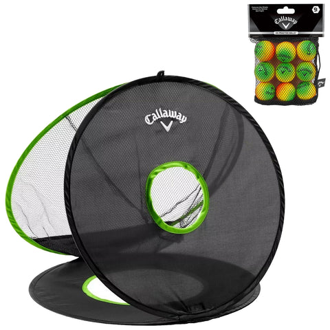 A black and green practice net stands upright with a circular opening for golf balls while a bag of nine bright yellow and green balls is shown above it.