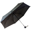 A black umbrella is open and displayed upright with its fabric spread out above the support structure and a handle featuring a strap at the bottom against a white background