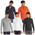 Five male models display a variety of zip-up long-sleeve shirts in different colors including navy orange gray white and black showcasing a casual fashion style against a plain background