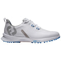 A white golf shoe featuring a textured pattern and blue accents sits diagonally on a flat surface with an emphasis on its sleek design and spiked sole for traction.