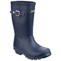 A navy blue rubber boot stands upright showcasing a buckle detail on the side with a textured pattern at the top suitable for wet or muddy conditions.