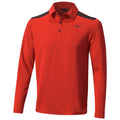 A long-sleeve red polo shirt featuring a black shoulder accent stands alone. The shirt has a collared neckline with buttons and a logo on the chest area.