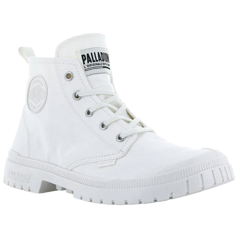 A white canvas boot features a sturdy sole and lace-up design with metal eyelets. It has a logo on the tongue and a casual style suitable for urban settings.