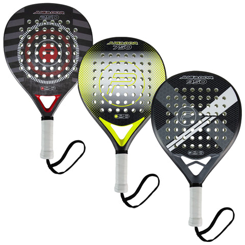 Three paddle rackets with distinct designs are displayed side by side. Each racket has a perforated face and a textured grip. They are labeled as JUGADOR 250, JUGADOR 750, and JUGADOR 950.