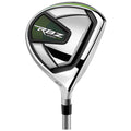 A golf club head with a shiny, metallic surface features modern design elements and green accents. It is positioned upright against a plain background, emphasizing its sleek appearance and branding.