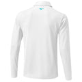 A long-sleeve white polo shirt is displayed with a collar buttoned at the neck and a small logo in aqua color on the back. The background is plain and neutral.