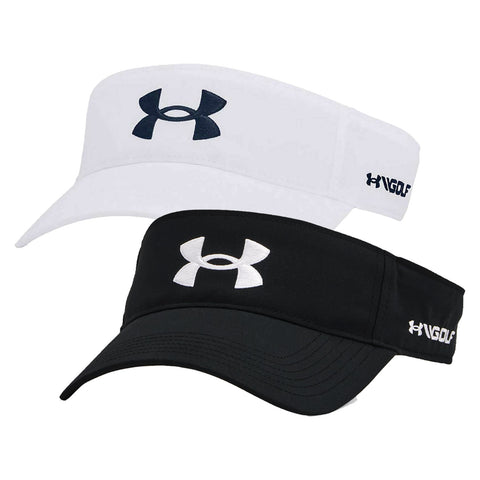 Two visors are displayed stacked vertically one white and one black both featuring the Under Armour logo prominently on the front each designed for outdoor sports like golf.