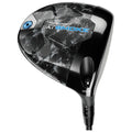 A golf driver head has a sleek black design with a textured surface blue accents and adjustable settings indicating loft and lie angle set against a plain white background