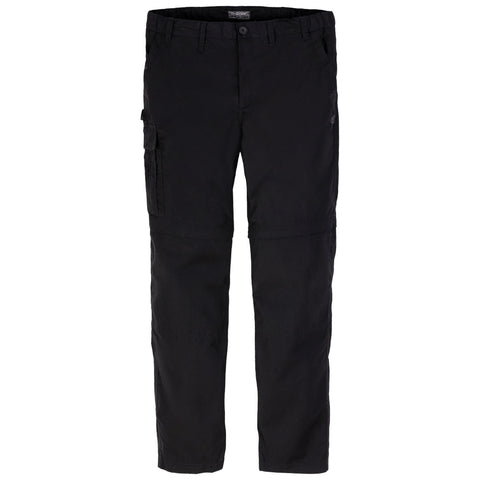 Black cargo pants hang vertically featuring pockets on the side with a durable fabric ideal for outdoor wear in casual or rugged environments.