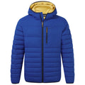 A blue puffer jacket is displayed with a zipper and a hood featuring a contrasting yellow interior and a chest pocket showcasing a modern design suitable for chilly weather.