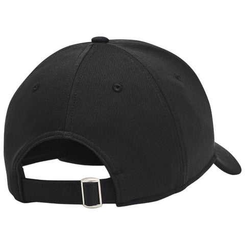 A black cap is displayed facing away showing its curved bill and adjustable strap at the back in a simple uncluttered setting with a neutral background.