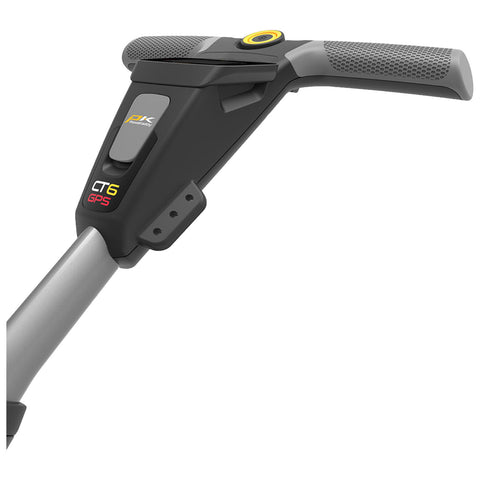 A handheld device with a textured grip and buttons is positioned for operation. Features include a yellow accent and markings indicating "CT6 GPS" suggesting functionality related to tracking or navigation.