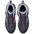 Black and gray hiking shoes feature bright pink laces and detailing with a reinforced toe cap and ankle support designed for outdoor activities placed on a plain white background