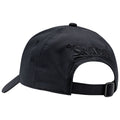 A black cap with an adjustable strap sits upright showing its embroidered logo on the back emphasizing a casual style suitable for outdoor activities or sports.