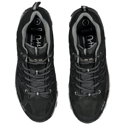 Two black hiking shoes are displayed side by side with visible laces and branding featuring gray accents inside a neutral background showcasing their design and details.