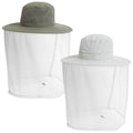 Two wide-brimmed hats with protective mesh fabric are displayed side by side. One hat is olive green and the other is light gray, both designed for outdoor activities.