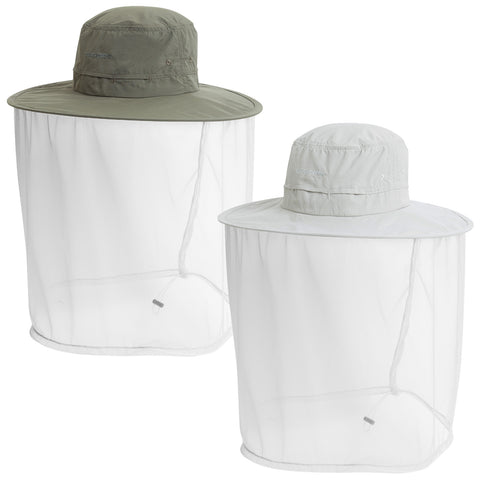 Two wide-brimmed hats with protective mesh fabric are displayed side by side. One hat is olive green and the other is light gray, both designed for outdoor activities.