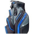 A golf bag is prominently displayed featuring a sleek design in black and gray with blue accents showing multiple compartments and zippers for organizing golf equipment in an indoor setting.