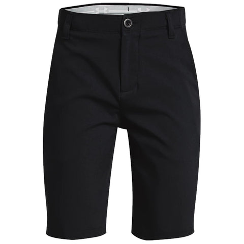 Black shorts are displayed hanging upright showcasing a clean design with a front button and zipper closure set against a plain white background suggesting a casual or athletic wear context