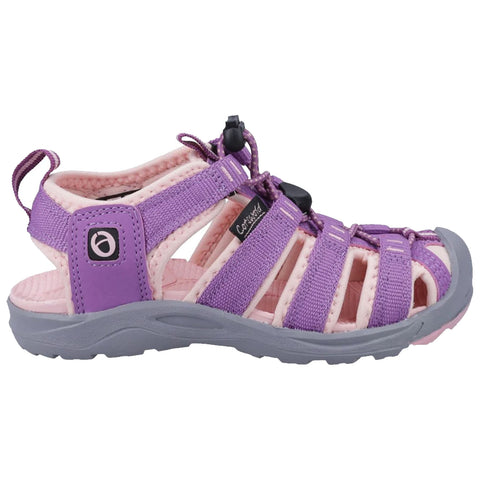 A purple and pink sporty sandal features multiple straps and a textured sole designed for outdoor activities positioned on a plain background for clear visibility.