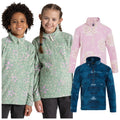 Two children are smiling while wearing patterned fleece pullovers in green and pink. Additional fleece pullovers in blue and pink are displayed on the right side of the image.