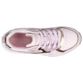 A pink athletic shoe features a sleek design with gold accents and white soles. The shoe is positioned upright showcasing its laces and inner cushioning labeled with brand details.