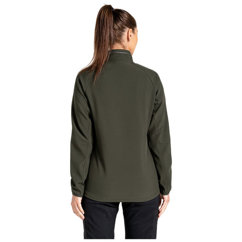 A person wearing a dark green jacket stands with their back facing the viewer in a neutral setting. Their hair is styled in a ponytail and their hands are relaxed by their sides.