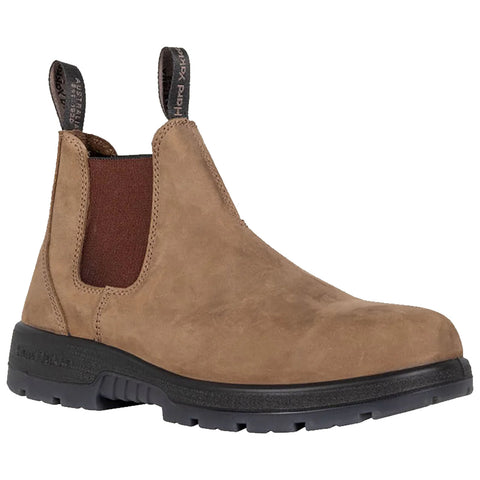 A brown suede Chelsea boot stands upright featuring elastic side panels and pull tabs on the heel with a rugged black outsole designed for durable outdoor use.