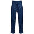 Navy blue waterproof pants are displayed standing upright The pants feature an elastic waistband and side pockets showcasing a smooth shiny fabric suitable for outdoor activities in wet conditions