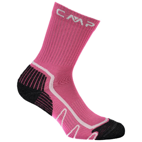 A pink sock with ribbed texture and black detailing is displayed upright showcasing its design and branding indicating durable athletic wear suitable for outdoor activities.