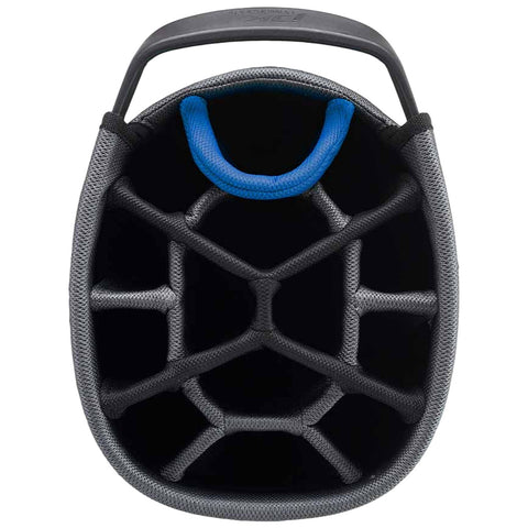 A round gray storage container with a black interior features a hexagonal web structure inside and a blue handle on top designed for organizing items in various contexts such as outdoor activities or home storage