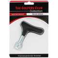 A black T-shaped golf shoe wrench is showcased in its packaging, highlighting its universal design for fitting and removing most types of golf cleats with ease.