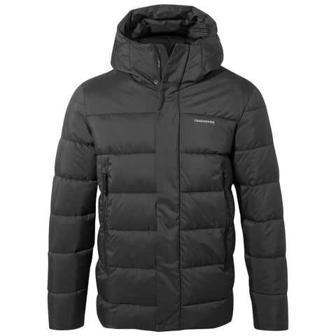 A black puffer jacket stands upright displaying its quilted design and hood. It features a half-zip closure and two side pockets, suggesting warmth and practicality in cold weather contexts.