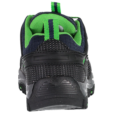 A black athletic shoe with green accents is shown from the back standing on a plain white background highlighting its textured material and padded collar for comfort and support.