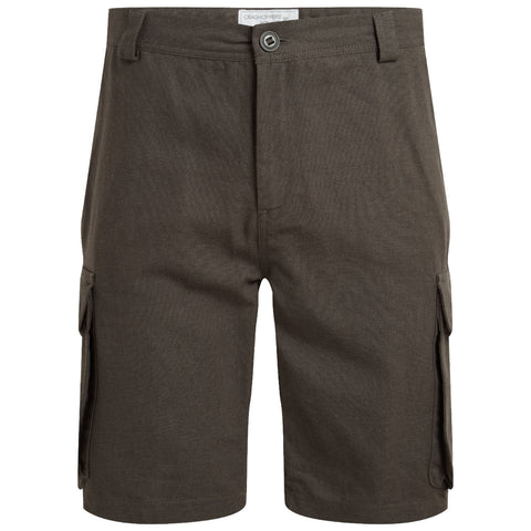 A pair of dark green cargo shorts with multiple side pockets are displayed front-facing showcasing their fabric texture and design details such as the button and waistband.