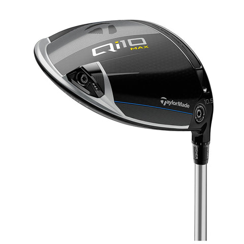 A golf driver club head is displayed angled to show its sleek black and silver design with branding and specifications visible the club is designed for increased performance on the golf course