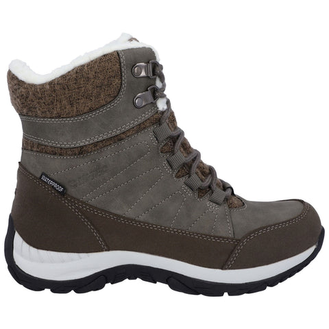 A gray waterproof boot with a textured upper features lacing and a soft fleece lining at the top designed for cold and wet conditions ideal for winter outdoor activities.