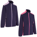 Navy and pink jackets are displayed side by side featuring a zippered front and high collar in a clean studio setting emphasizing their sporty design and color contrast.