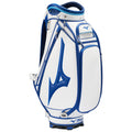 A golf bag features a white body with blue accents and a prominent logo The bag is designed for holding golf clubs and has a structured shape suitable for transport and storage