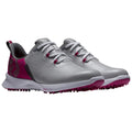 FootJoy Ladies Gray and pink golf shoes are displayed side by side with laces tied and a textured rubber sole designed for traction on various surfaces in a neutral background setting.