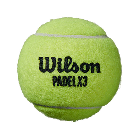 A bright green padel ball with the text Wilson PADEL X3 printed on it rests against a plain background, designed for use in the sport of padel.