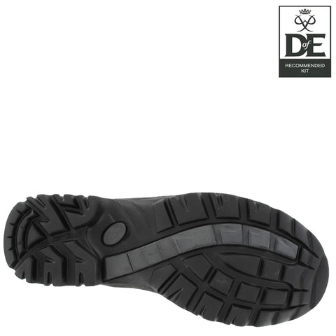 A black shoe sole is displayed showcasing its tread pattern designed for traction and stability featuring deep grooves and ridges indicative of outdoor or active use against a plain background.