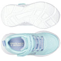 A pair of light blue sports shoes features a mesh upper and a rubber sole showcasing a textured pattern while lying flat against a white background. The left shoe has a strap and laces.