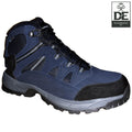 A high-top hiking boot features a navy blue upper with mesh panels and black rubber toe cap showcasing a durable sole designed for outdoor terrain and supportive ankle structure.