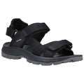 A black sandal features multiple straps for support and an adjustable back. It is designed for outdoor activities, highlighting a rugged sole suitable for various terrains.