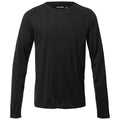 A long-sleeved black shirt is displayed hanging flat showing a simple design without patterns or logos its fabric appears smooth and suitable for casual or outdoor wear.