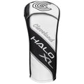 A golf club headcover is displayed vertically featuring a sleek design with black and white colors the word Cleveland is prominent alongside HALO XL in stylized lettering.