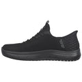 Black sneaker with a mesh upper and textured heel is positioned sideways showcasing its sleek design and flexible sole ideal for casual or athletic wear.