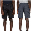 Two pairs of cargo shorts are displayed side by side one black with red stitching and multiple pockets the other gray with lighter stitching showcasing their durable designs and functional features.